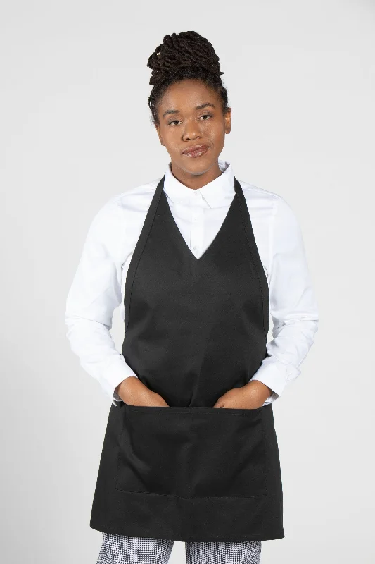 Black V-Neck Bib Apron (2 Section Patch Pocket)