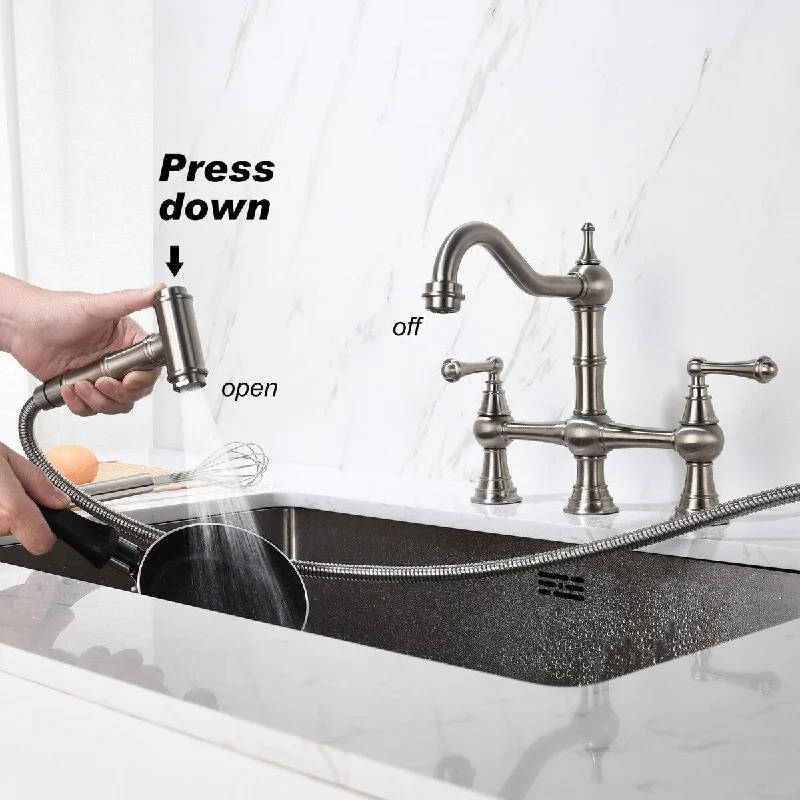 2-Handles Bridge Deck-Mount Kitchen Sink Faucet With Side Sprayer