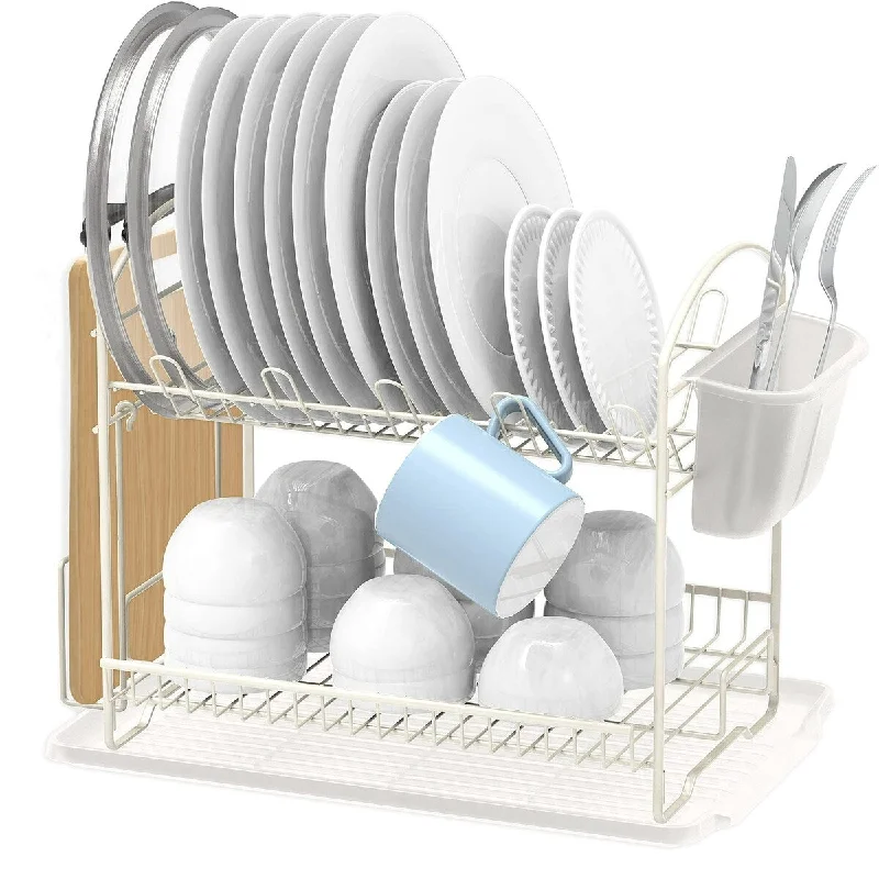 2-Tier Dish Rack with Drainboard, White