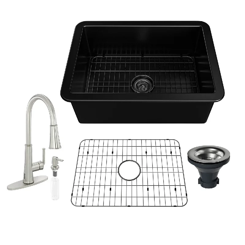 27-in Matte Black Undermount Single Bowl Fireclay Kitchen Sink With Infrared Induction Faucet