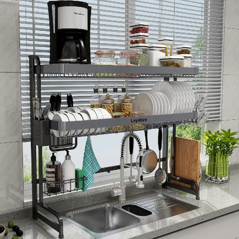 3 Tier Over Sink Dish Drying Rack Adjustable Length (20.87''~37.6'') Full Stainless Steel Large Storage Kitchen Dish Rack