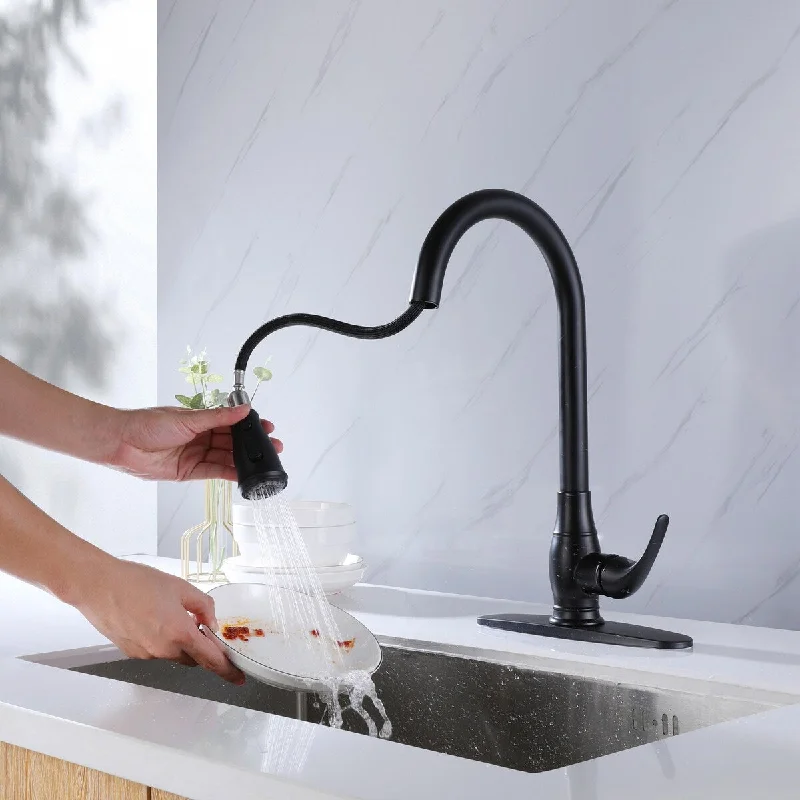 3-Way Pull Down Single Handle 360 Degree Kitchen Faucet With Deck Plate