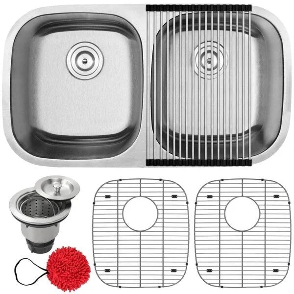 32 1/2" Ticor S205 Haven Series 16-Gauge Stainless Steel Undermount Double Basin Kitchen Sink with Accessories