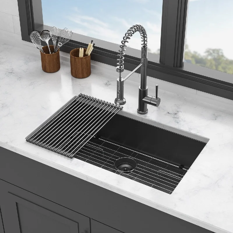 32" L X 19" W Gunmetal Black Stainless Steel Undermount Kitchen Sink Single Bowl With Bottom Grid - 32.00