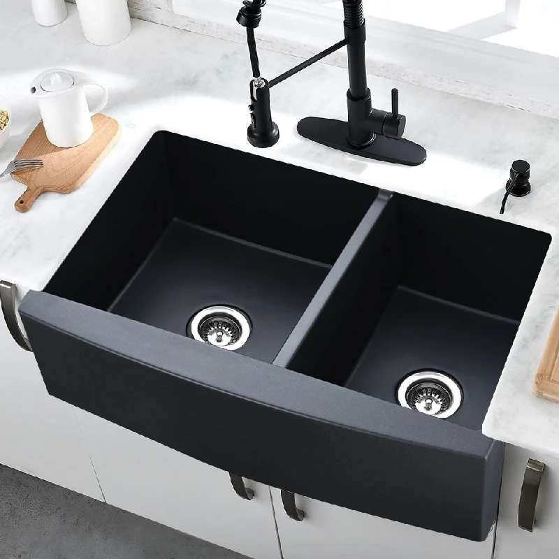 33 In. Farmhouse Double Bowl Matte Black Bowl Quartz Kitchen Sink Basin - 33'' x 22'' x 10''