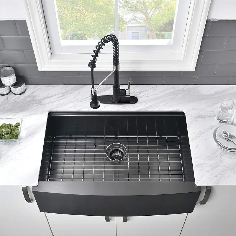 33 In. Farmhouse Single Bowl 16 Gauge Gunmetal Black Stainless Steel Kitchen Sink with Accessories - 33‘’ x 21'' x 10''