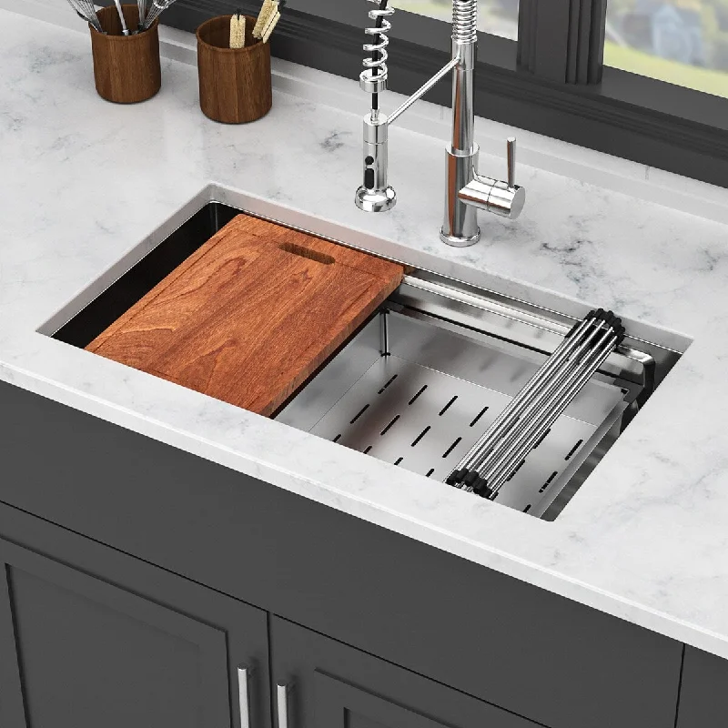 33 in. Undermount Single Bowl 16 Gauge Brushed Nickel Stainless Steel Kitchen Sink with Workstation - 33" x 19" x 10"