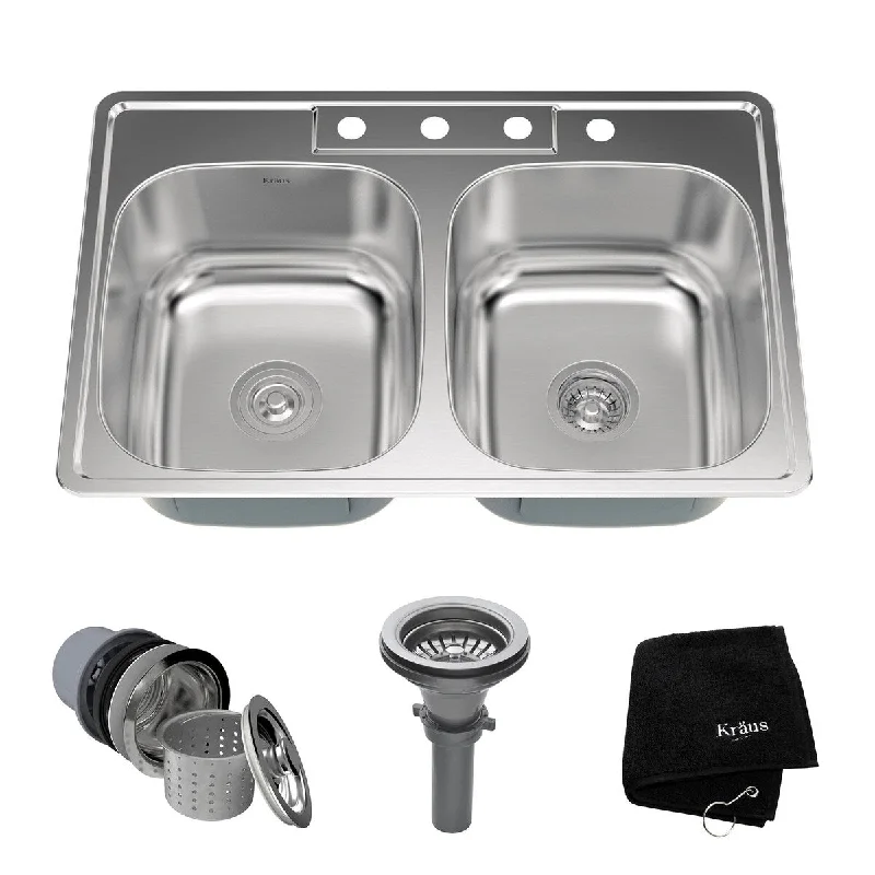 33 Inch Top mount 50/50 Double Bowl 18 Gauge Stainless Steel Kitchen Sink with Noise Defend Soundproofing