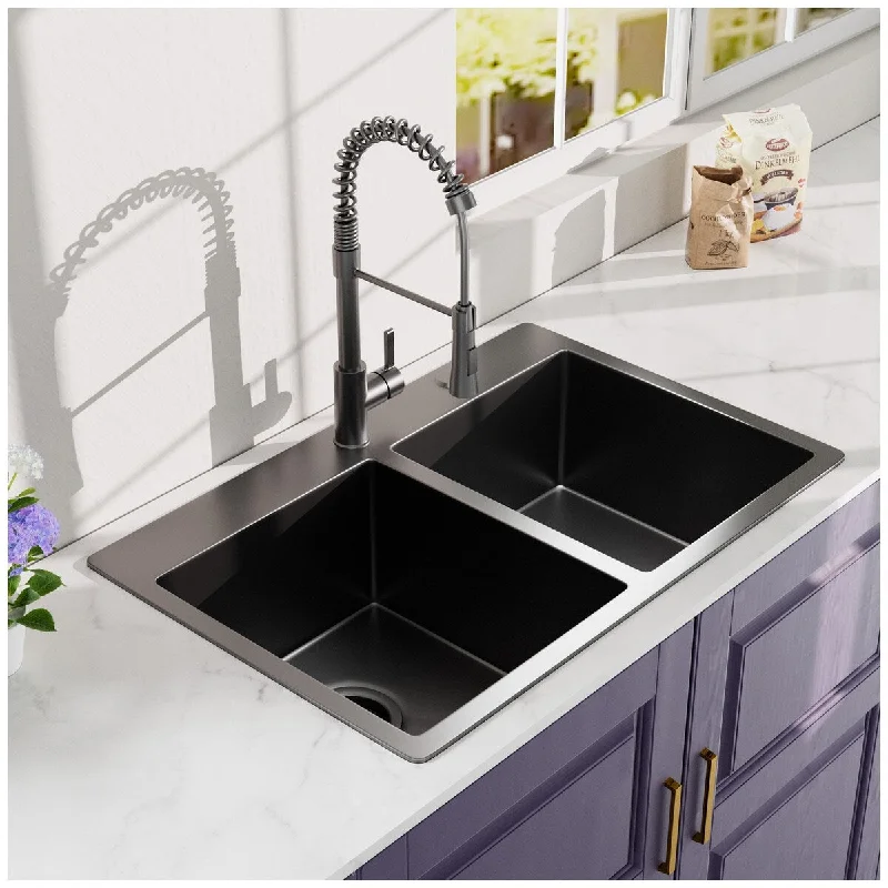 33x22Inch Double Bowl Topmount Kitchen Sink With Neck Faucet