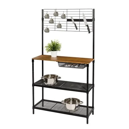 Black/Wood Baker's Rack with Cutting Board and Hanging Grid