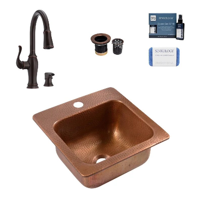 Angelico Copper 15" Drop-In Single Bowl Kitchen Sink (1 Hole) with Maren Bronze Faucet Kit