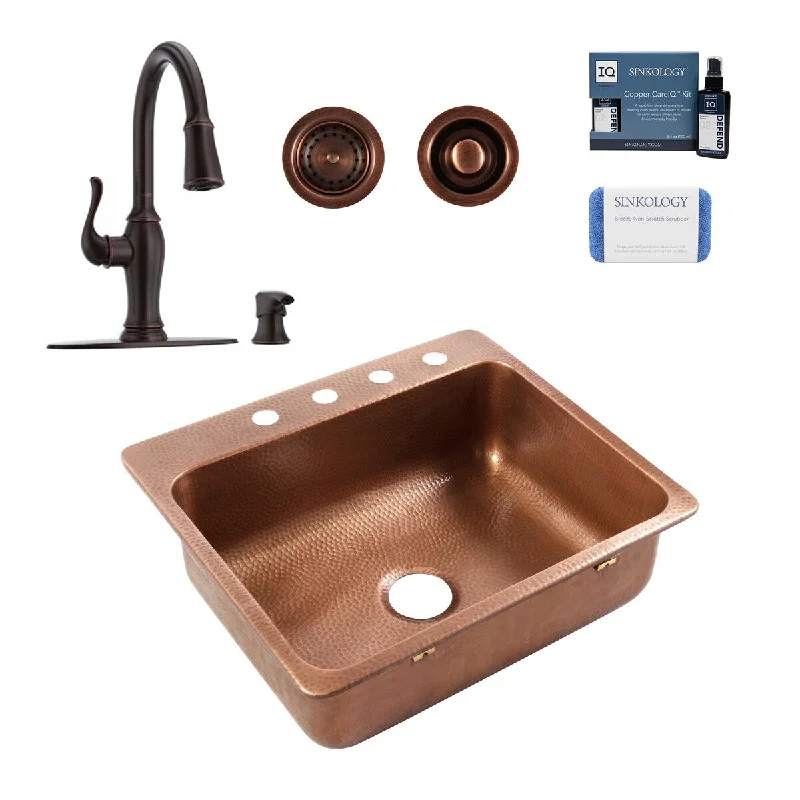 Angelico Copper 25" Drop-In Single Bowl Kitchen Sink (4 Hole) with Maren Bronze Faucet Kit