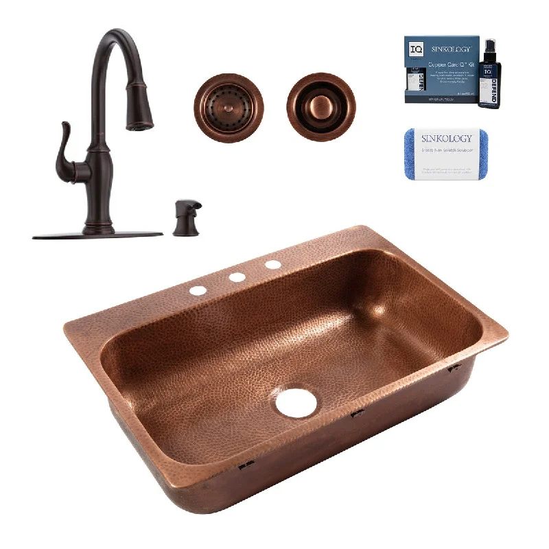 Angelico Copper 33" Drop-In Single Bowl Kitchen Sink (3 Hole) with Maren Bronze Faucet Kit