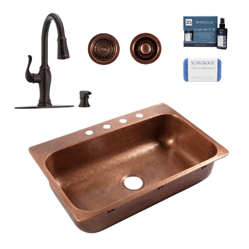 Angelico Copper 33" Drop-In Single Bowl Kitchen Sink (4 Hole) with Maren Bronze Faucet Kit