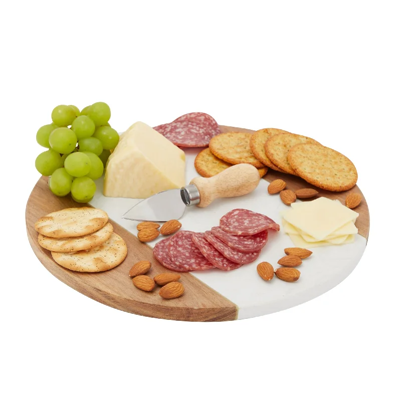 Round Marble and Wood Cutting Board, Cheese Charcuterie Serving Tray for Appetizers, Tapas, Meat, 11 Inches