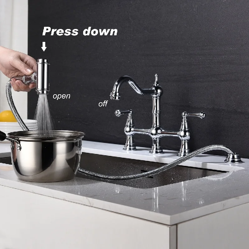 Bridge Dual Handles Kitchen Faucet With Pull-Out Side Spray in - 16.14*13.58*2.75