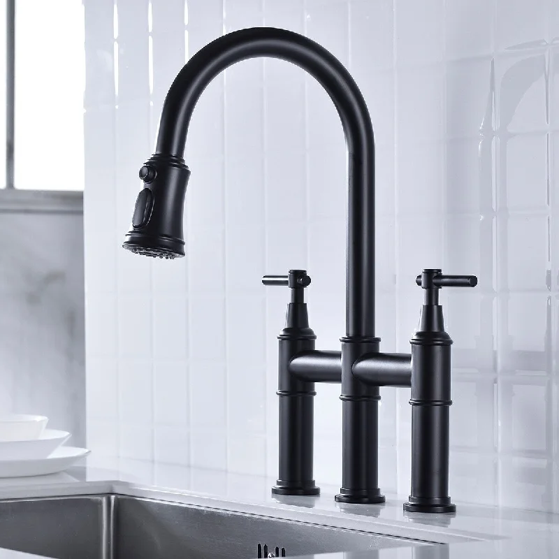 Bridge Kitchen Faucet w/Pull Down Sprayer 3 Hole Sink Kitchen Faucet