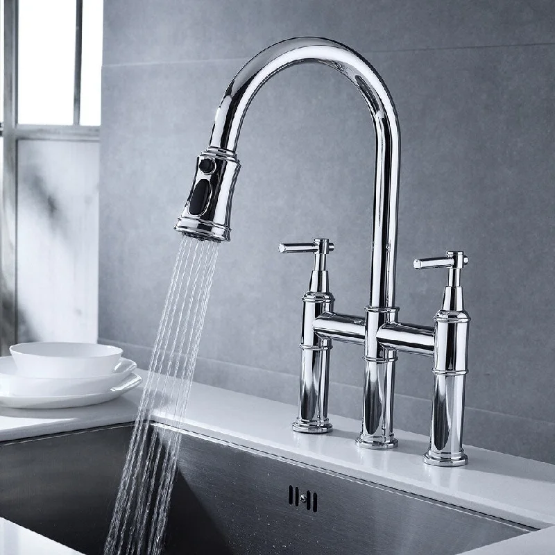 Bridge Kitchen Faucet w/Pull Down Sprayhead Double Handles Sink Faucet