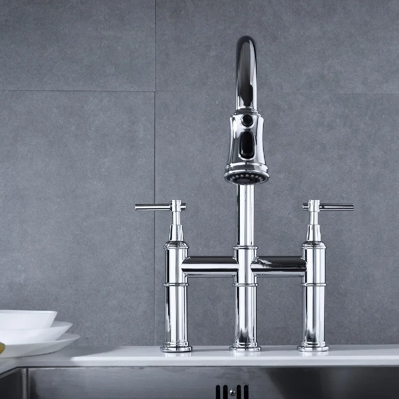 Bridge kitchen faucet with bridge pulldown spray