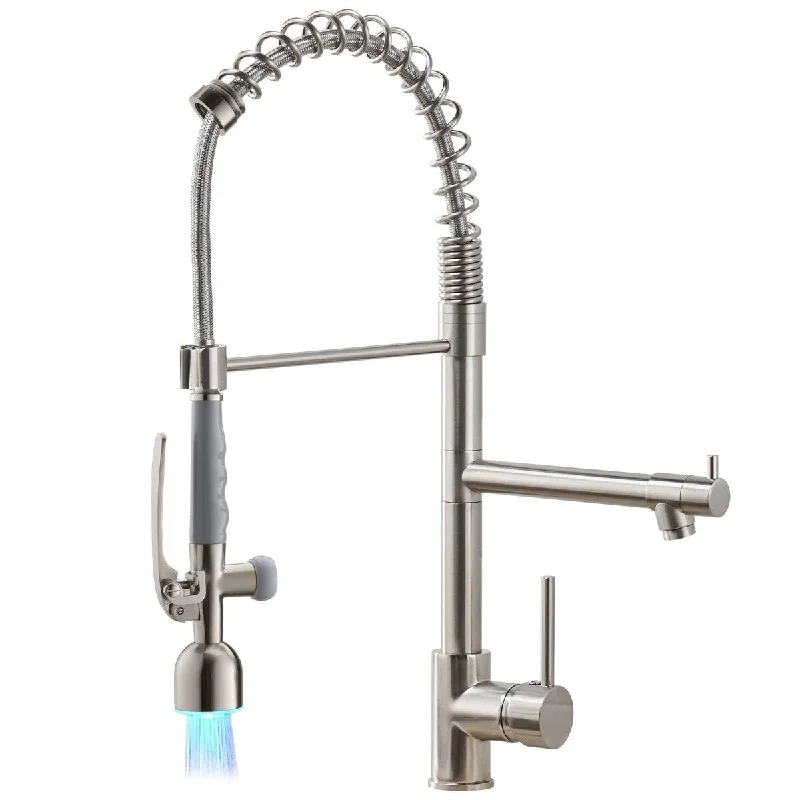 Commercial Single Handle Pull Down Sprayer Brushed Nickel Kitchen Faucet, Kitchen Sink Faucet with LED Light