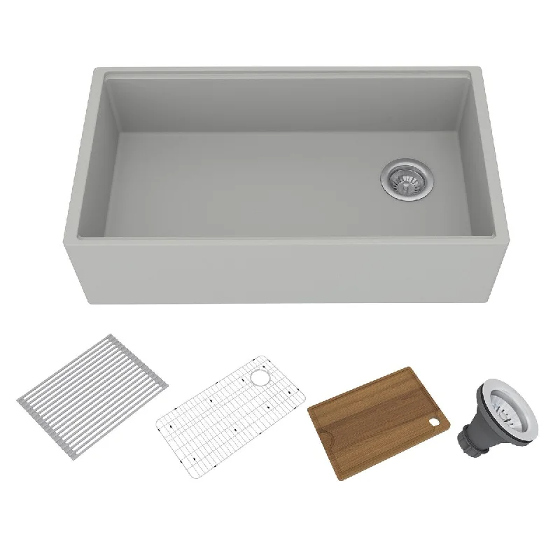 Concrete 33 in. Single Bowl Farmhouse Apron Kitchen Sink with Cutting Board, Rolling Drying Rack, Grid and Drainer (BE)