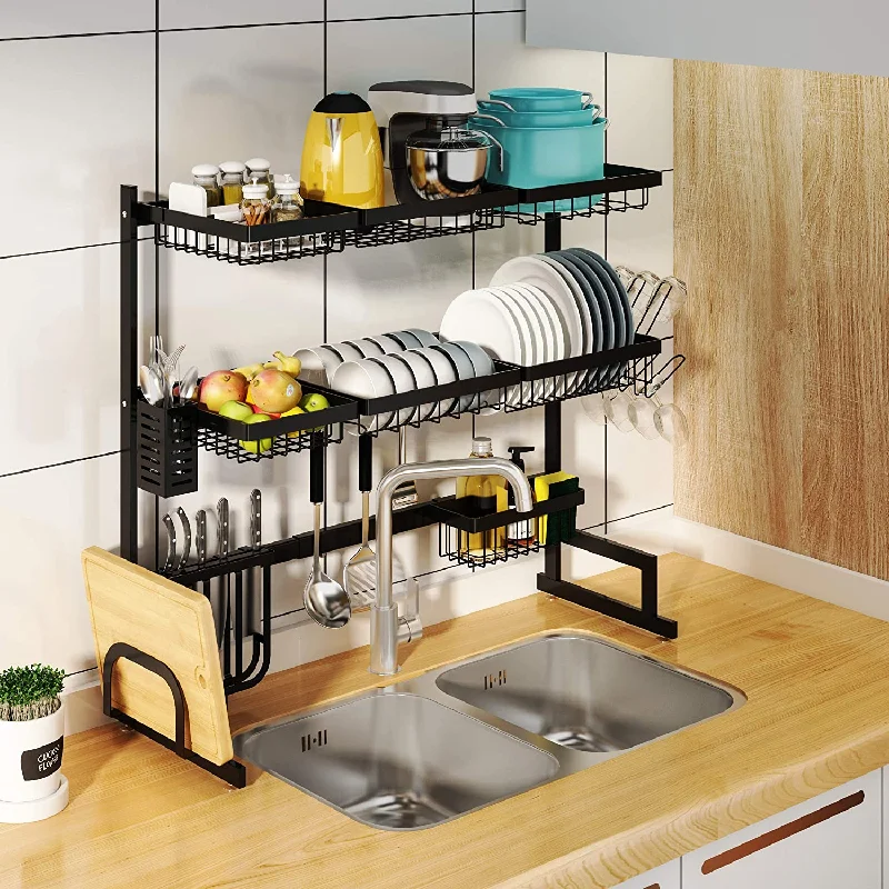 Dish Drying Rack Over the Sink - 3 Tier Adjustable (34"-44.5") Large Dish Drainer for Kitchen Storage Counter Organization, Stainless Steel Over Sink Dish Rack Display (34≤Sink Size≤44.5 inch,Black)