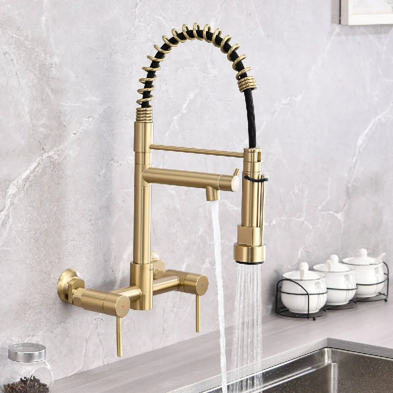 Dornberg Wall Mount Kitchen Faucet with Pull Down Sprayer, Spring Faucet