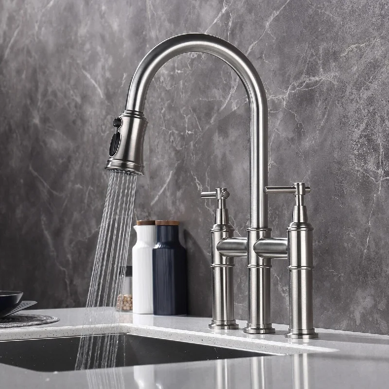 Double-Handle Bridge Kitchen Faucet with Pull Down Sprayer