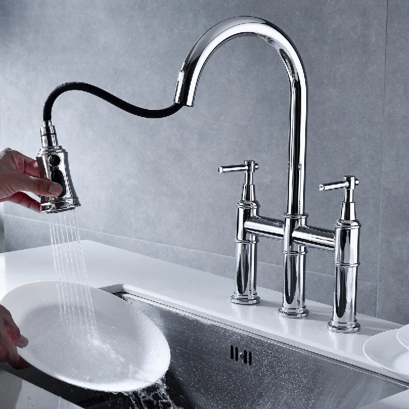 Double Handle Bridge Kitchen Faucet with Pull-Down Sprayer