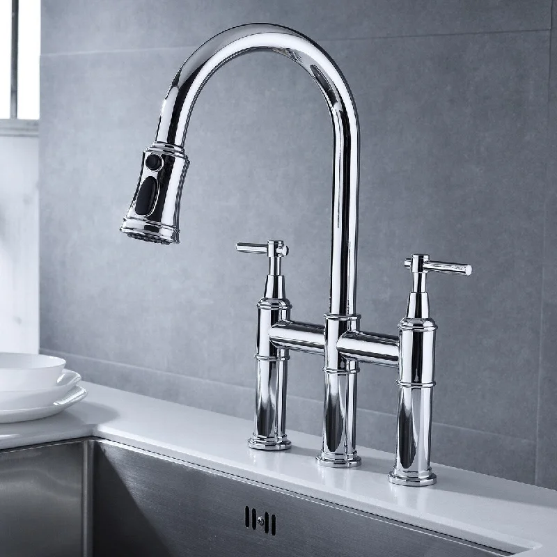 Double Handle Bridge Kitchen Faucet with Pull Down Sprayhead