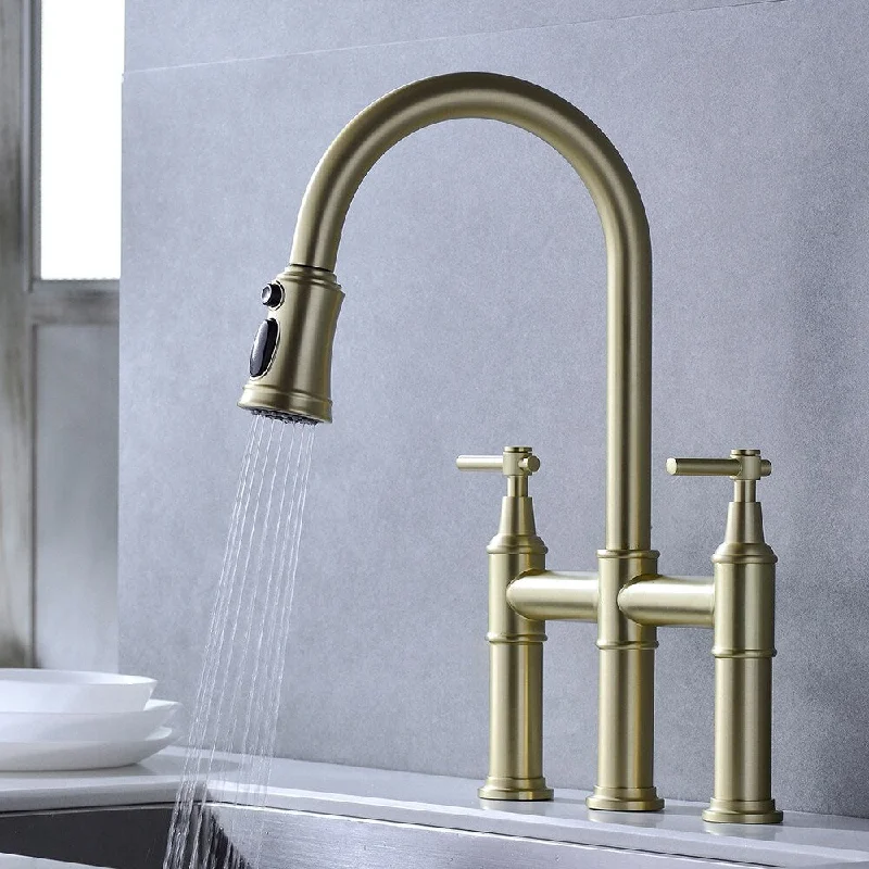 Double Handles Bridge Kitchen Faucet w/Pull Down Sprayhead Sink Faucet