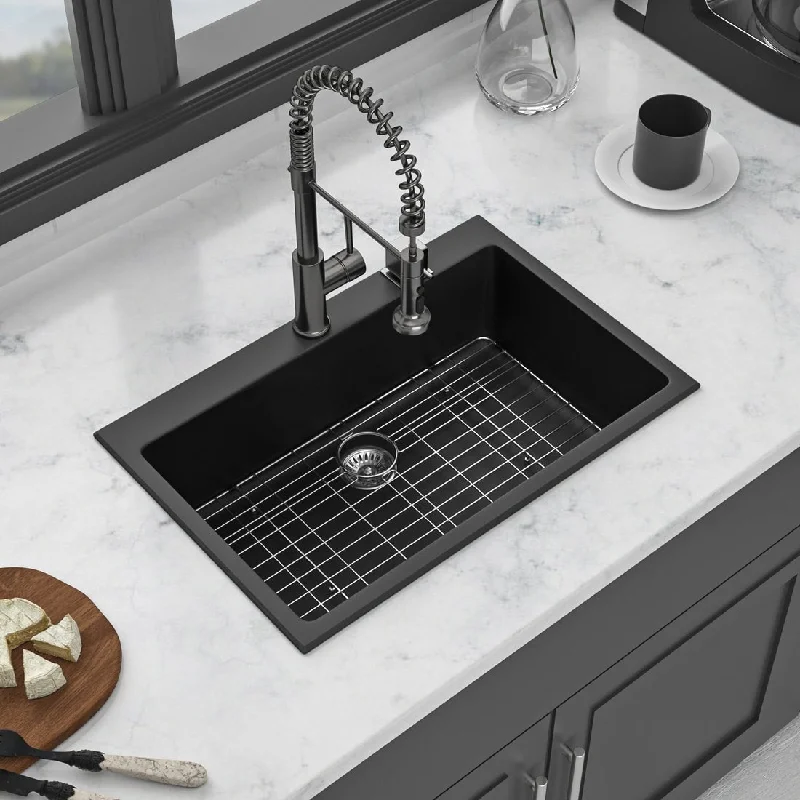 Drop-in Single Bowl Black Bowl Quartz Kitchen Sink Basin