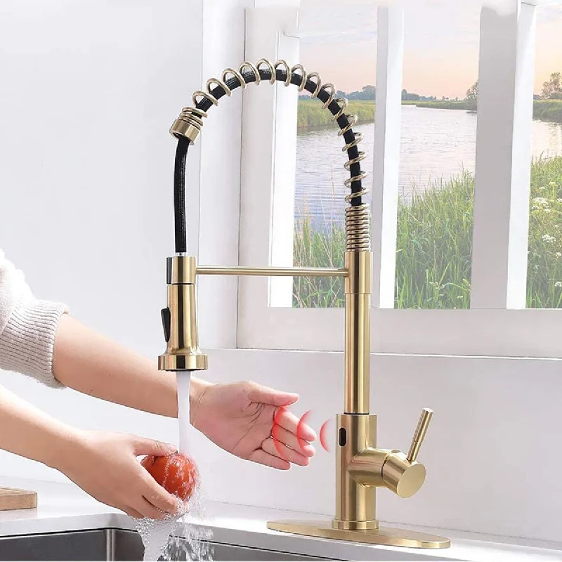 Gold Touchless Kitchen Faucet w/PullDown Sprayer Kitchen Spring Faucet