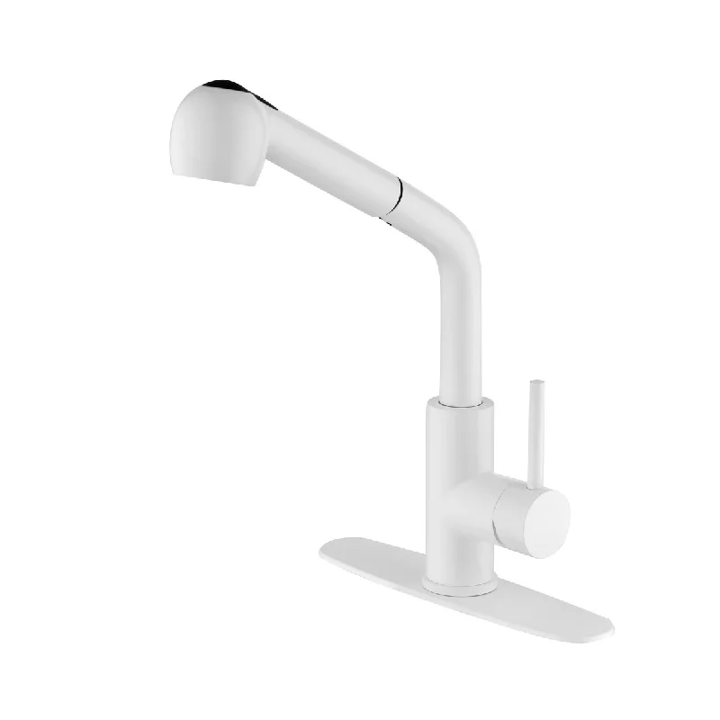 in White Pull-Out Sprayer Kitchen Faucet In Stainless with Deck Plate