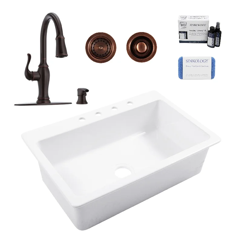 Jackson Crisp White Fireclay 33" Single Bowl Drop-In Kitchen Sink (4 Hole) with Maren Bronze Faucet Kit