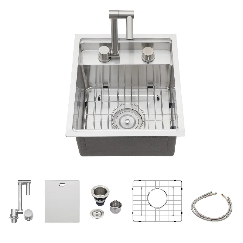 Kichae RV Sink 15 Inch Undermount Bar Sink with Folding Faucet and Cutting Board Lid - 15"x17"x9"