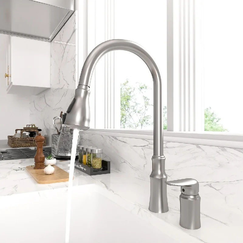 Lordear Pull Down Kitchen Faucet Antique Brushed Nickel Single Handle Single Hole Stainless Steel Kitchen Faucet with Deck Plate