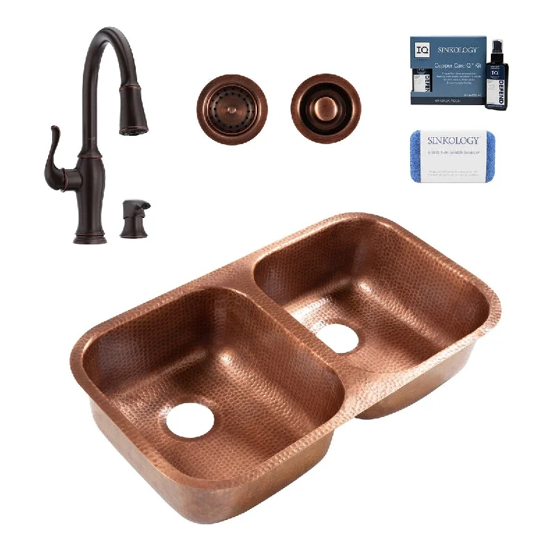 Orwell Copper 32" Undermount Double Bowl Kitchen Sink with Maren Bronze Faucet Kit