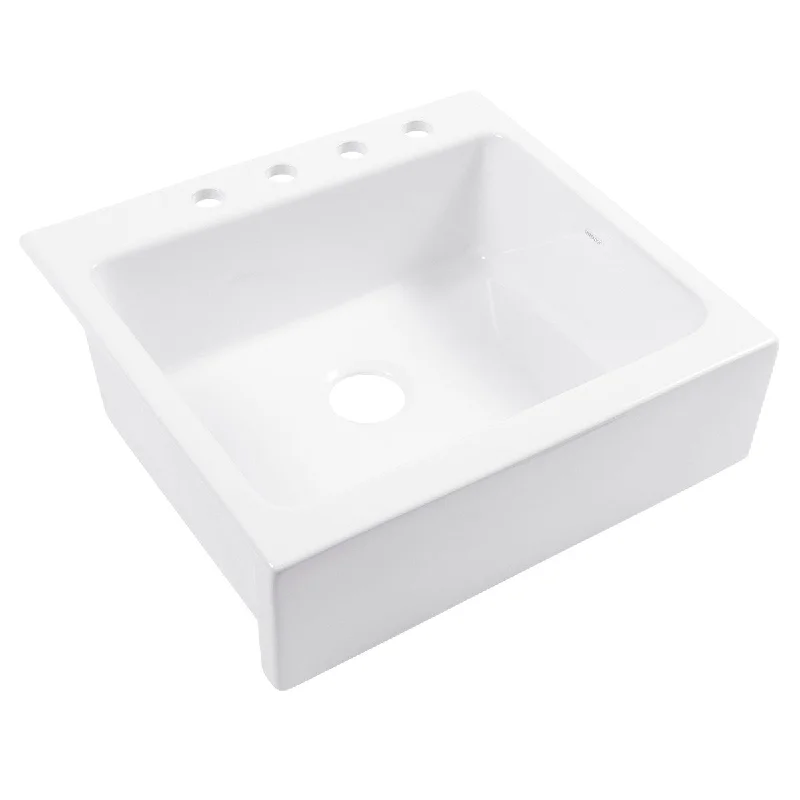 Parker Crisp White Fireclay 26" Single Bowl Drop-In Farmhouse Kitchen Sink with 4 Holes