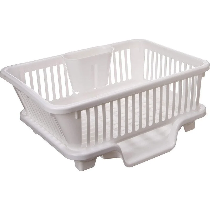 Plastic Dish Rack with Drain Board and Utensil Cup