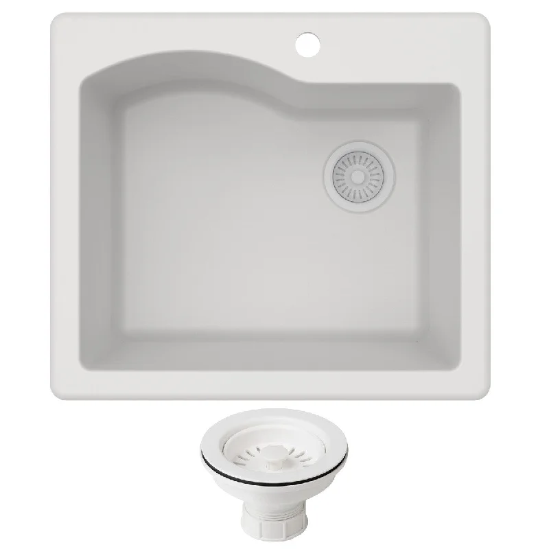 Quarza 25 Dual Mount Single Bowl Granite Kitchen Sink and Strainer in White