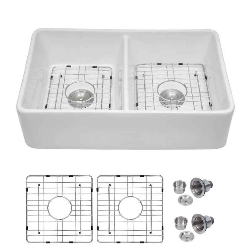 Refurbished Kichae 32 Inch Ceramic Farmhouse Kitchen Sink Double Bowl - 32"x20"x9"