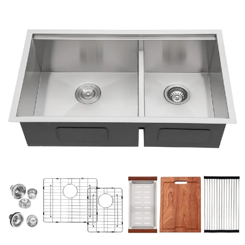 Refurbished Kichae 33 Inch Workstation Undermount Kitchen Sink Double Bowl 60/40 - 33"x19"x10"