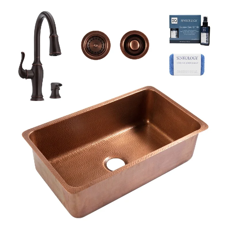 Rivera Copper 31" Undermount Single Bowl Kitchen Sink with Maren Bronze Faucet Kit