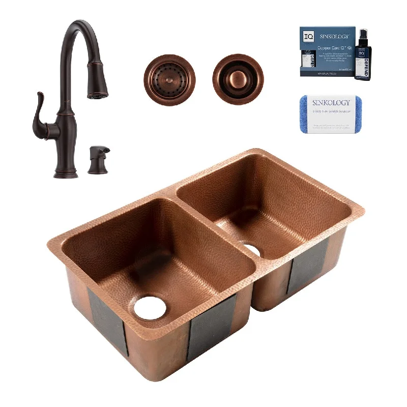 Rivera Copper 32" Undermount Double Bowl Kitchen Sink with Maren Bronze Faucet Kit