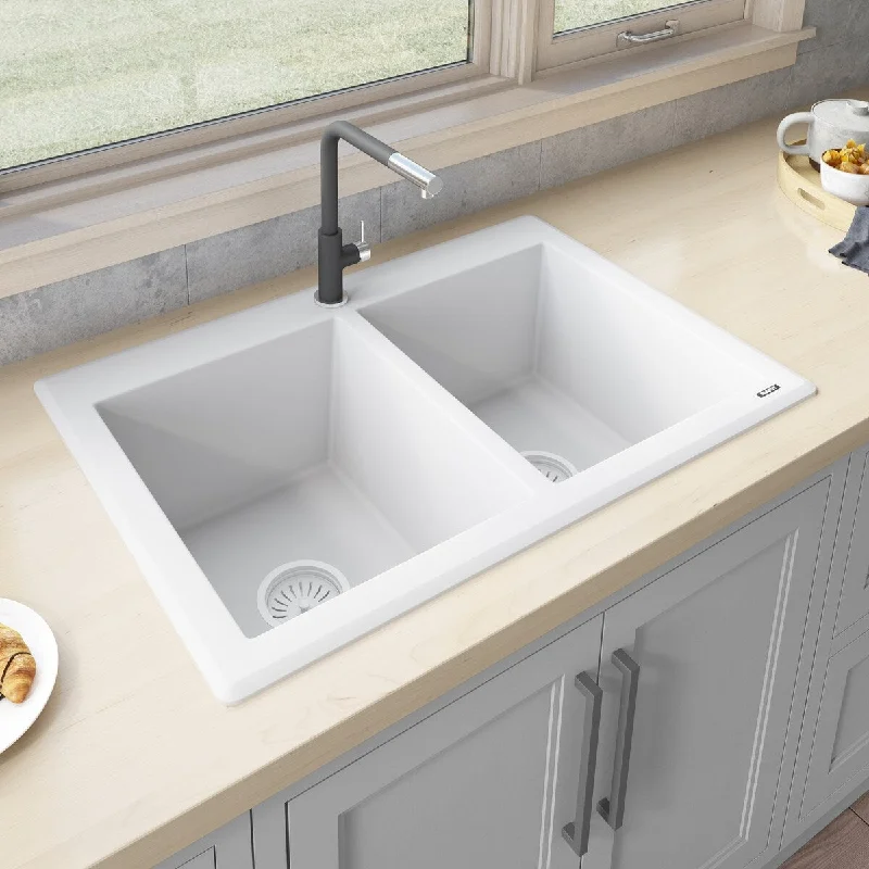 Ruvati 33 x 22 inch epiGranite Topmount Granite Composite Double Bowl Kitchen Sink - Arctic White - RVG1388WH