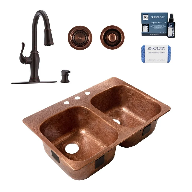 Santi Copper 33" Drop-In Double Bowl Kitchen Sink (3 Hole) with Maren Bronze Faucet Kit