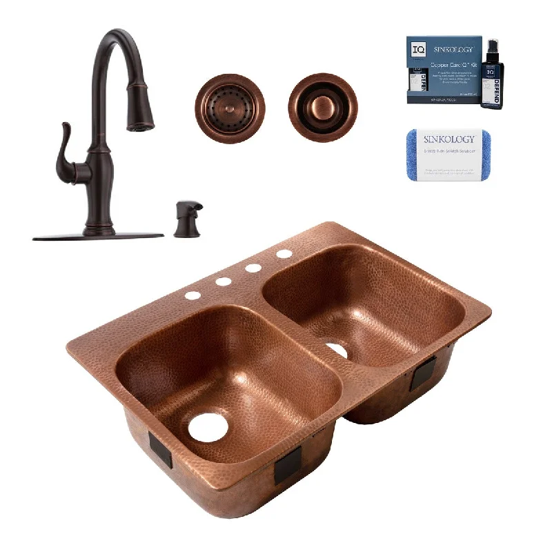 Santi Copper 33" Drop-In Double Bowl Kitchen Sink (4 Hole Right) with Maren Bronze Faucet Kit