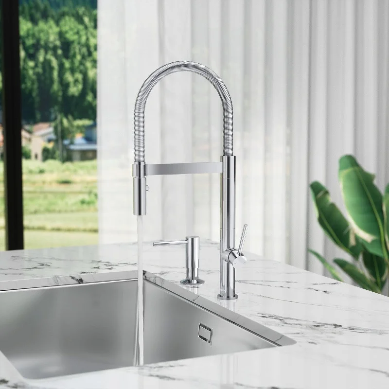 Single Handle Deck Mounted High Arc Brass Kitchen Faucet with Soap Dispenser