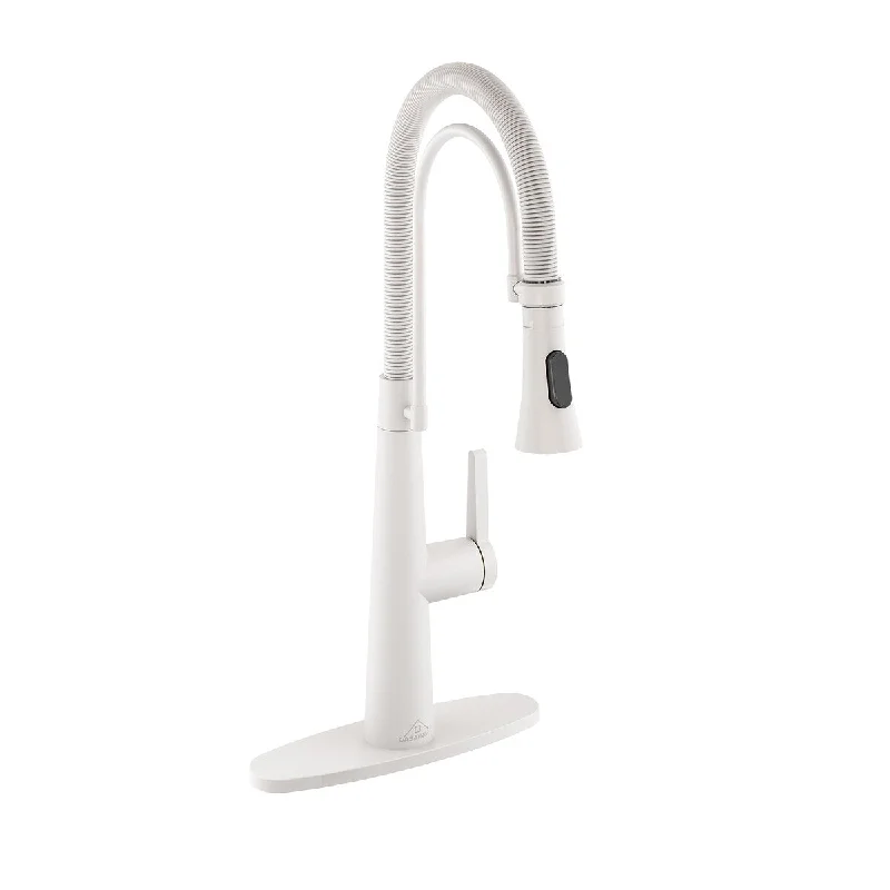 Single Handle Spring Neck Standard Kitchen Faucet with Dual-Function Sprayhead and Deck Plate, in Matte White